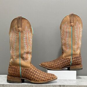 Macie Bean Tan Woven Leather Country Western Cowboy Boots Size 8.5M